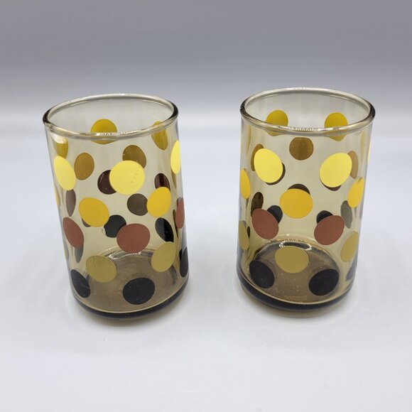 2 Polka Dot Juice Glasses Amber Yellow Brown Black Dots Retro Barware Libbys - Picture 2 of 8